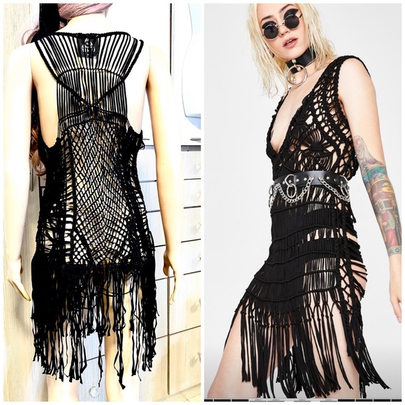 UNIF black fringed crochet macrame layering dress - Picture 2 of 8